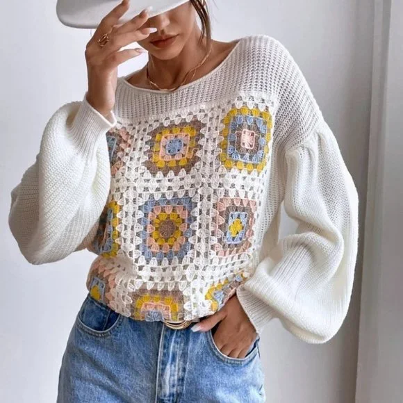 Boho Crochet Floral Detail Knit Sweater top cream - Picture 4 of 6